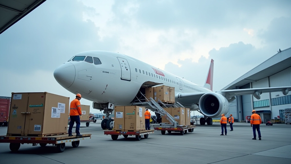 Fracht-Flugzeug wird in Luftfracht-Terminal entladen mit Arbeitern