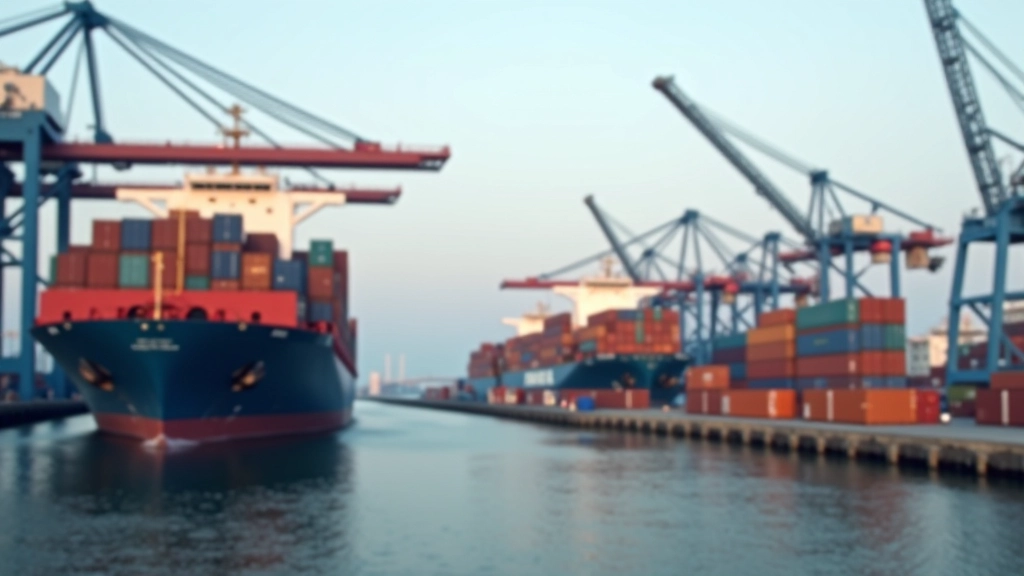 Containerhafen mit großen Frachtschiffen und Kränen, die Container laden und entladen, geschäftiges Treiben bei Tag
