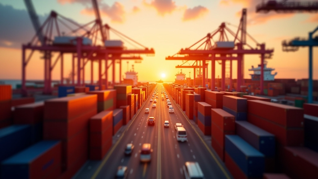 Containerhafen mit gestapelten Containern und Kränen bei Sonnenuntergang