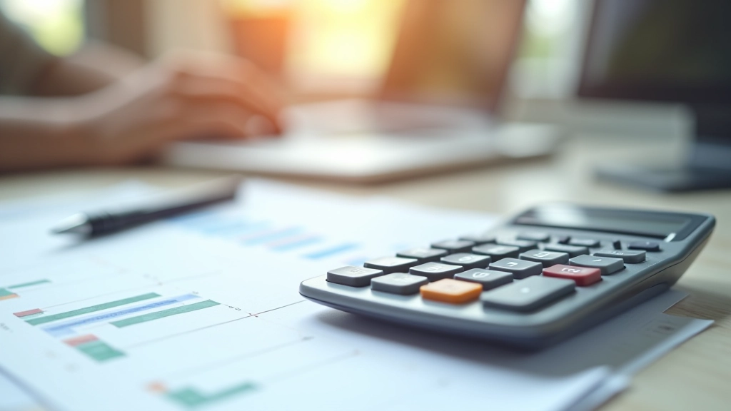 Finanzielle Daten und Kostencalculator auf Schreibtisch, Bleistift und Notizbuch für Planung