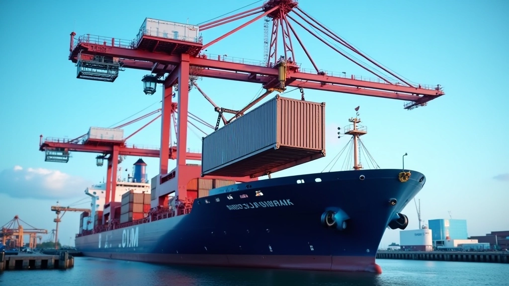 Containerbrücke hebt großen Container über Schiff, technische Hafeninfrastruktur