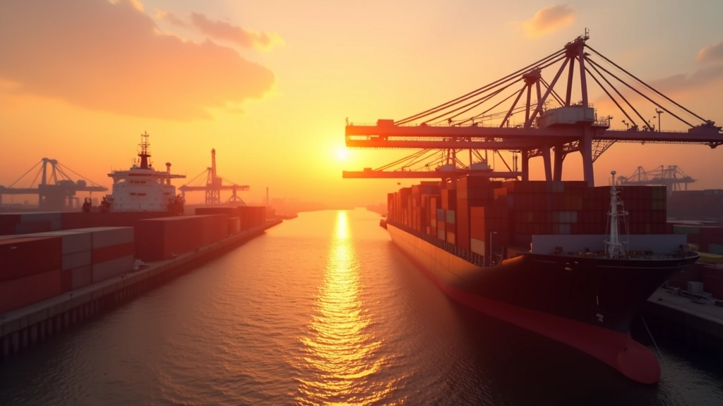 Containerhafen bei Sonnenuntergang mit Kränen, Schiffen und gestapelten Containern, maritime Infrastruktur