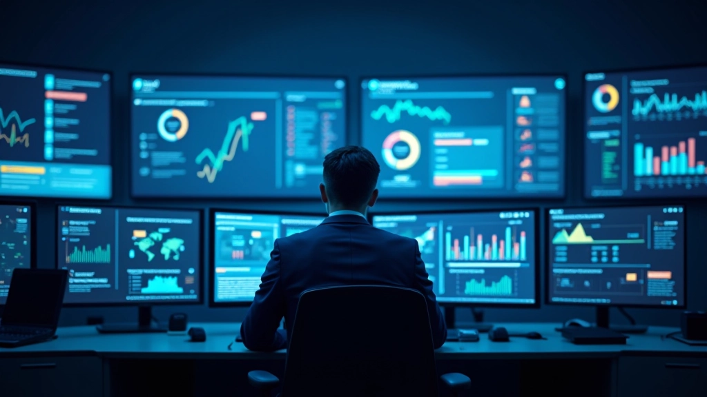 Kontrollraum mit Bildschirmen, die Logistik- und Tracking-Daten anzeigen, moderne Technologie-Umgebung