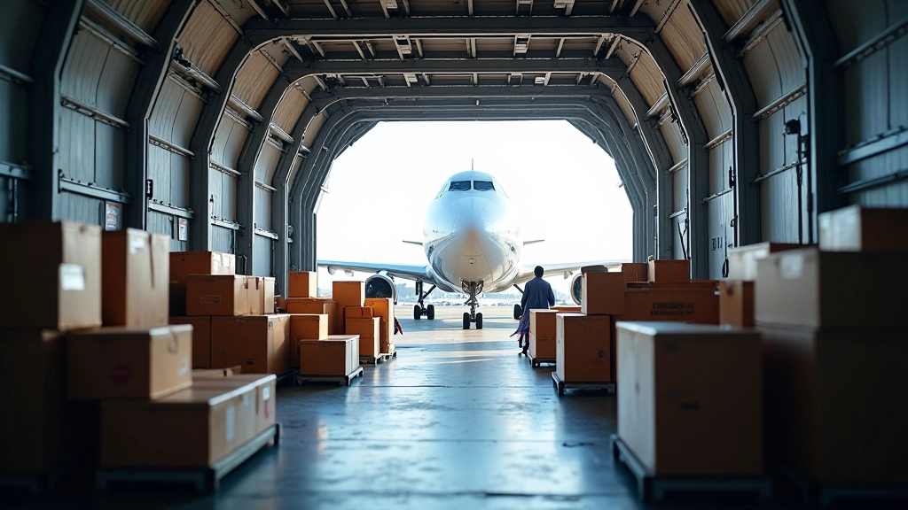 Innenseite eines Frachtflugzeugs mit Paketen und Ladung, Luftfracht-Terminal