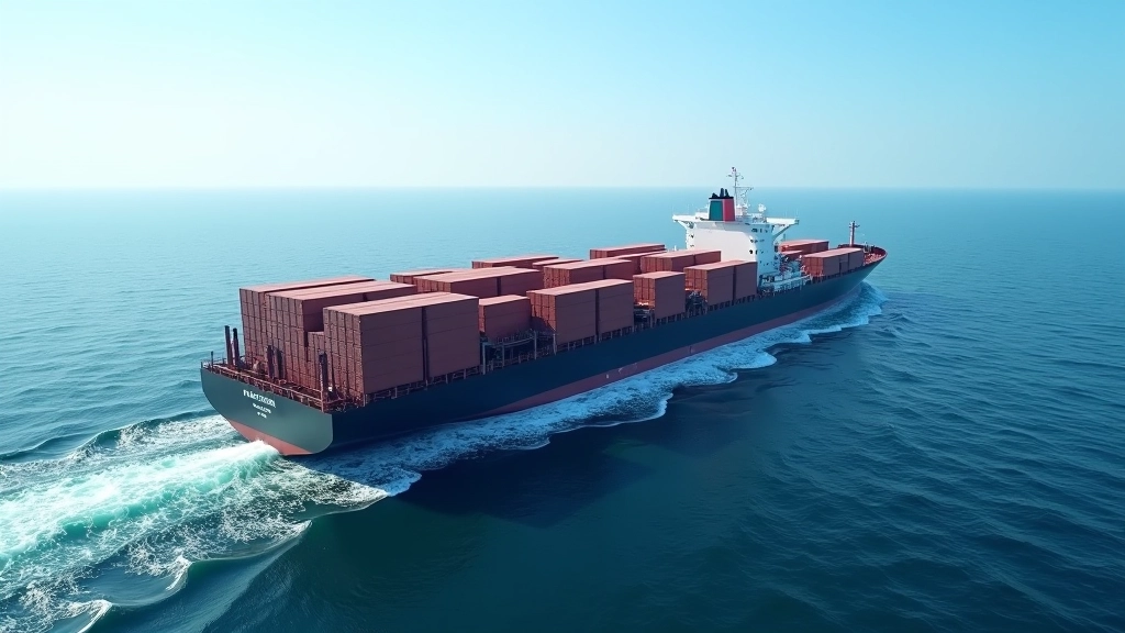 Globales Handelsschiff in offener See, Ozean-Horizont, internationale Logistik