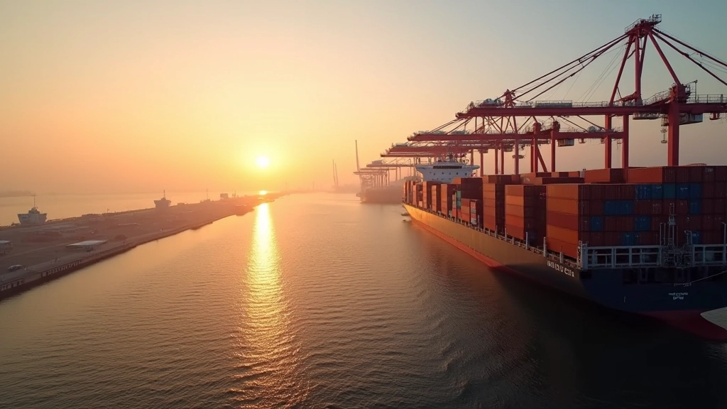 Moderner Containerhafen mit Schiff und Kränen bei Tagesanbruch, Handelszentrum