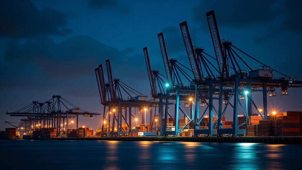 Moderne Containerumschlaganlagen mit Portalkränen und automatisiertem System, Containerhafen bei Nacht