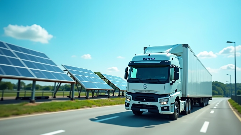 Nachhaltige Logistik-Fahrzeuge und Solaranlagen, grüne Infrastruktur in einem modernen Hafen