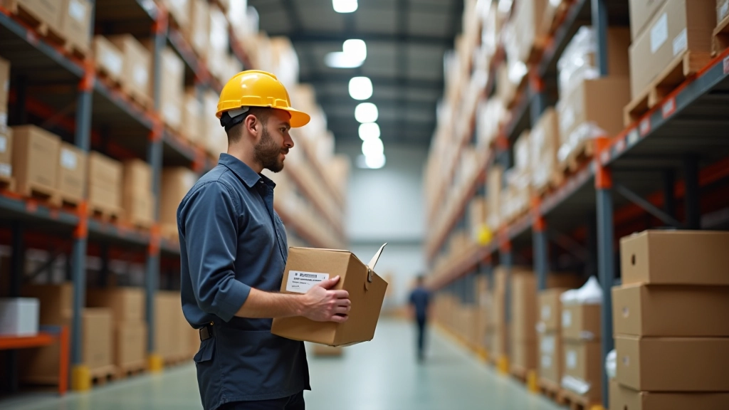 Logistik-Zentrum mit Regalsystemen, Arbeitern und Paketen, industrielle Lagerhalle, warmes Licht