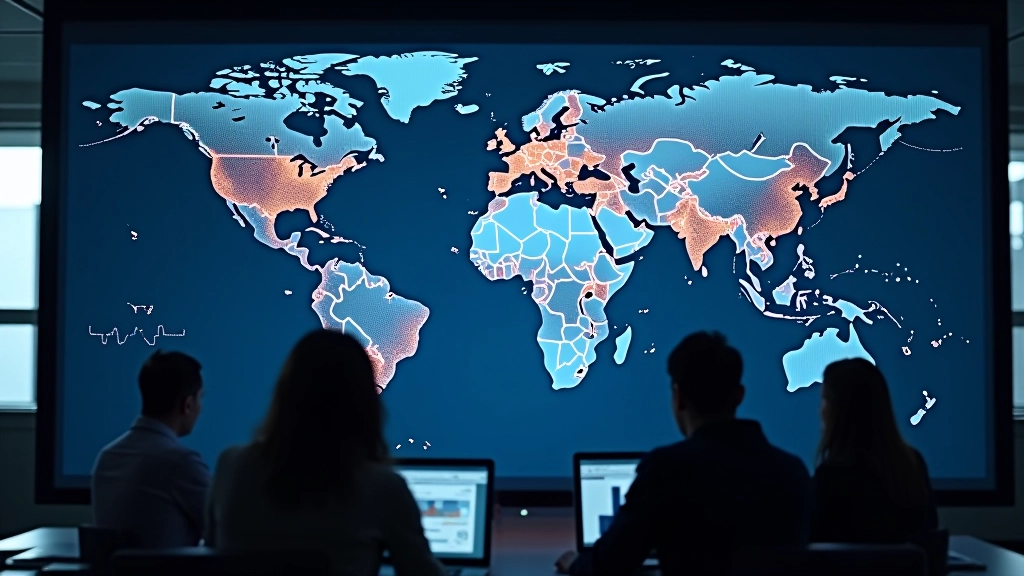 Globale Handelskarte mit leuchtenden Verbindungslinien zwischen Haupthandelshäfen, moderne Visualisierung